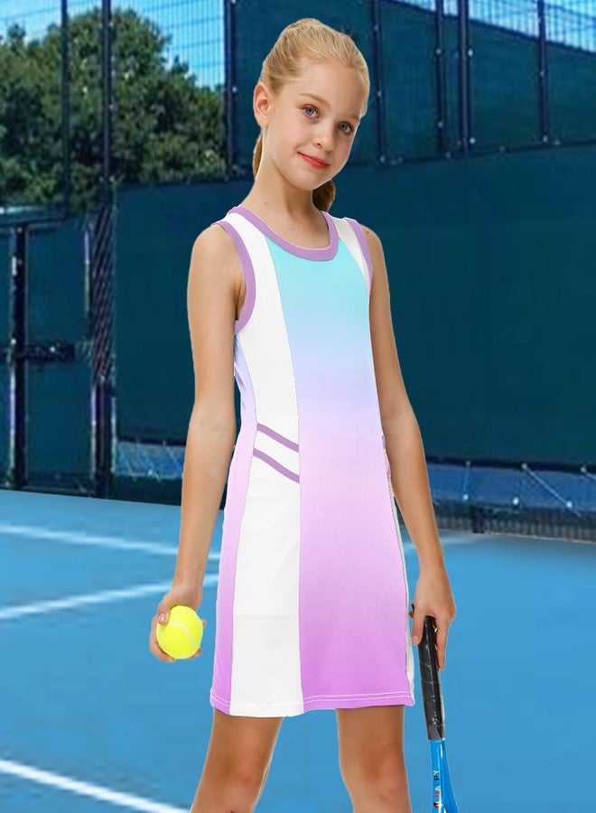 AOBUTE Girls Tennis Outfit Golf Tank Dress 2 Piece Sleeveless Outdoor Sports Clothes Set Gradient Purple 6-7 Years - Image 2